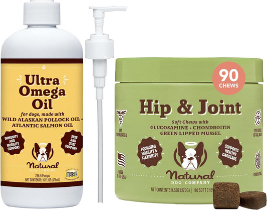 Bundle: Natural Dog Company Canine Vitality Dog Vitamins & Supplements - Hip & Joint Chews + Ultra Omega Fish Oil for Dogs
