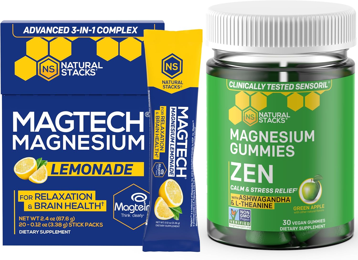 Bundle: NATURAL STACKS Magtech Magnesium Drink Mix & Zen Magnesium Gummies - Brain Health & Stress Relief - 35 Servings