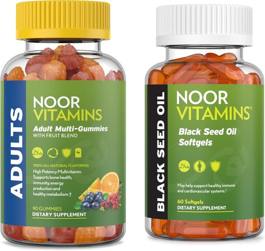 Bundle: Noor Vitamins Adult Multivitamin Gummy & Black Seed Oil for Daily Health Support