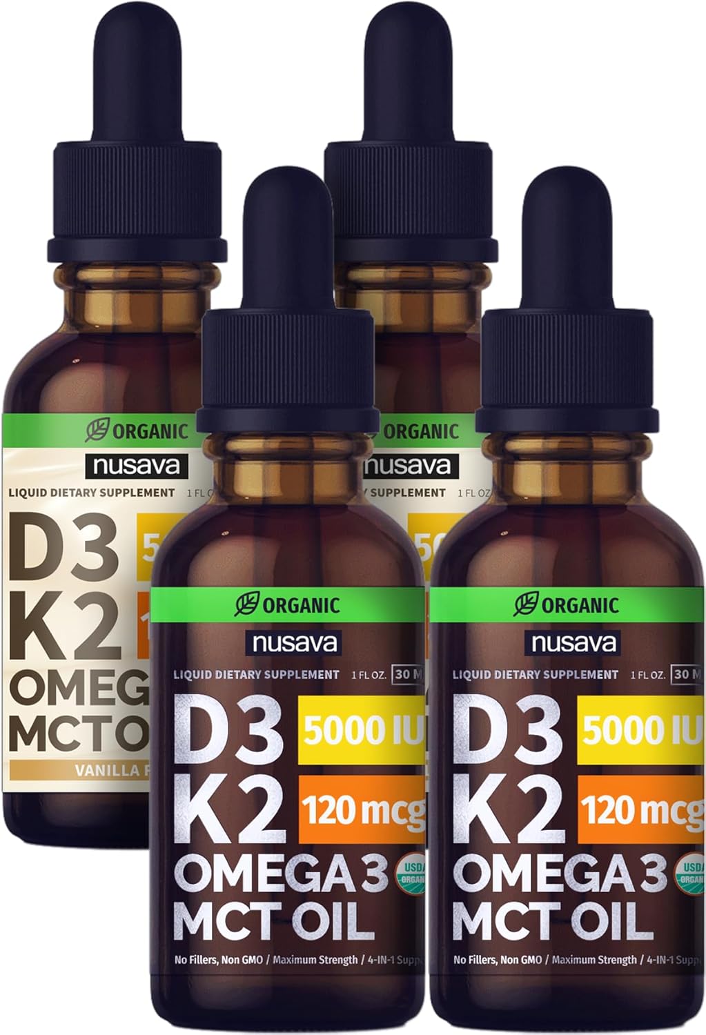 Bundle: NUSAVA D3 K2 Unflavored & Vanilla Liquid Drops - Heart, Joint, Bone, Muscle, Immune Support - Non-GMO, Gluten-Free (2 Pack)