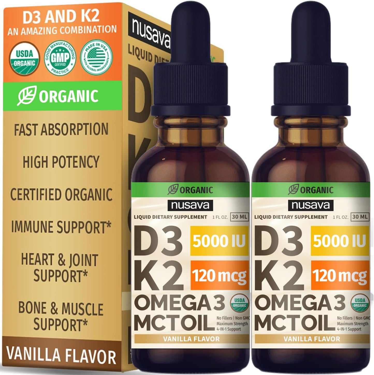 Bundle: NUSAVA Liquid Vitamin B12 Drops with Strawberry & Vanilla Flavored D3 K2 for Heart, Energy, Brain, & Immune Support - Non-GMO, Gluten-Free (2pk)