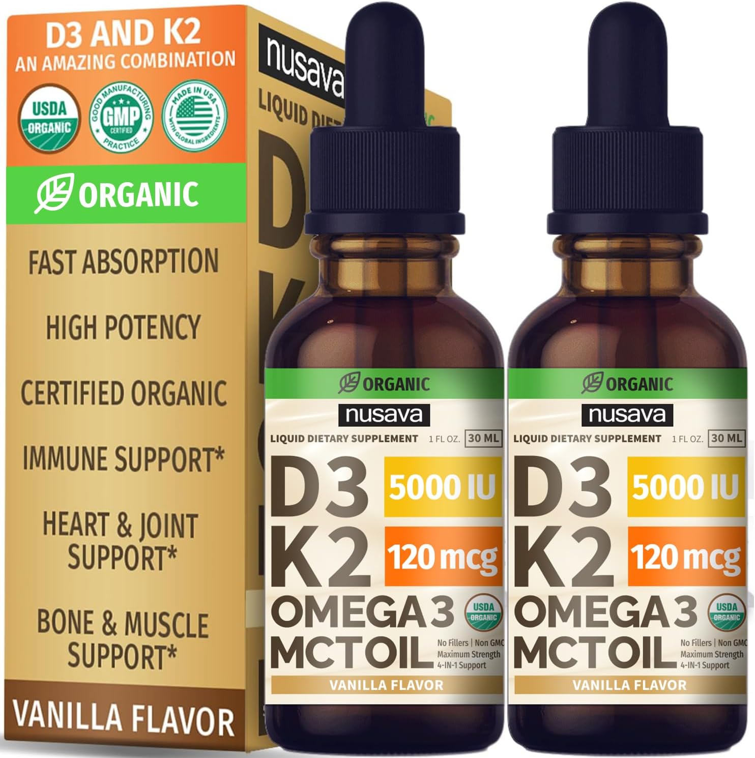Bundle: NUSAVA Liquid Vitamin B12 Drops with Strawberry & Vanilla Flavored D3 K2 for Heart, Energy, Brain, & Immune Support - Non-GMO, Gluten-Free (2pk)