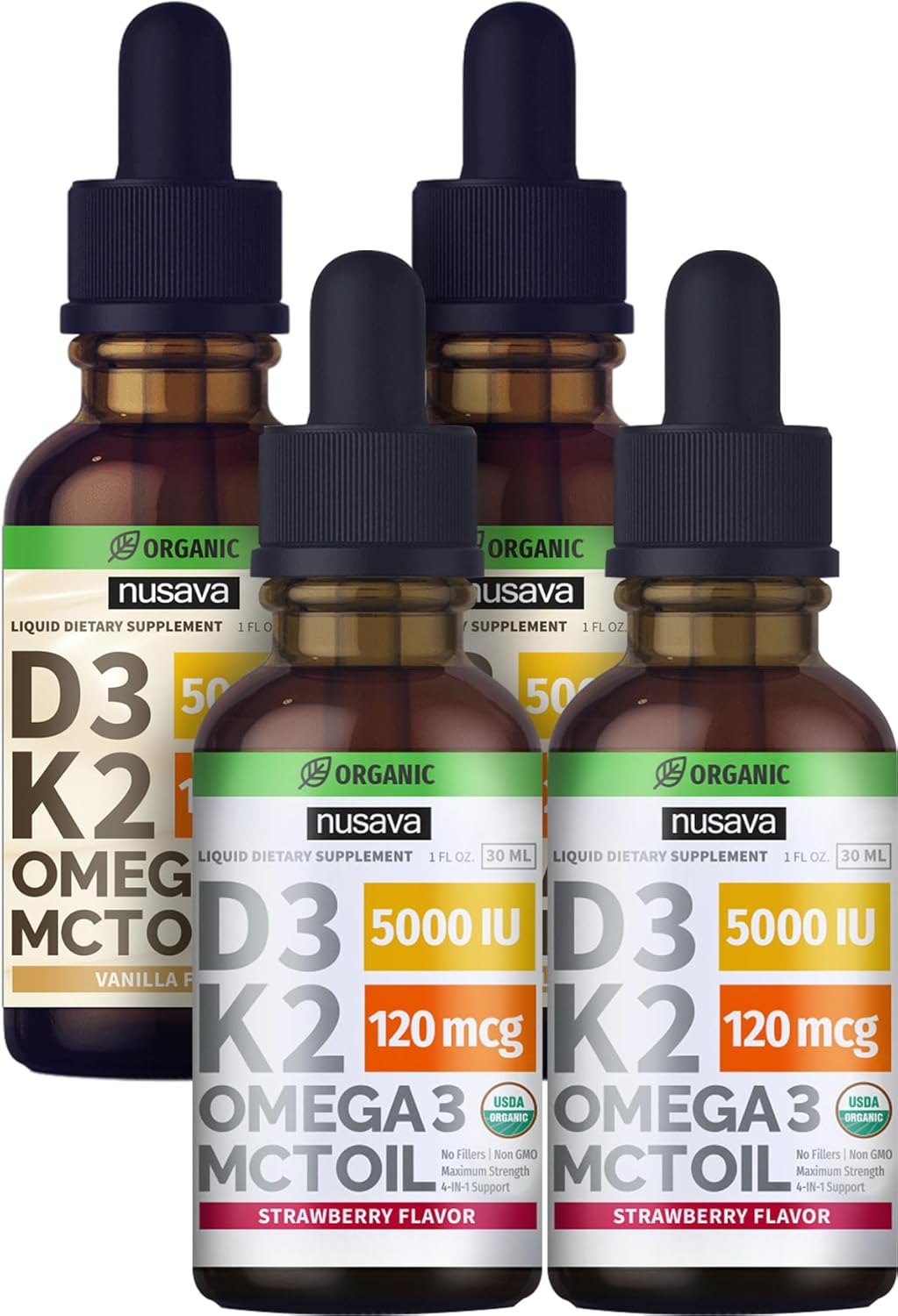 Bundle: NUSAVA Strawberry & Vanilla Flavored D3 K2 Liquid Drops - Potent Vitamins for Heart, Joint, Bone, Muscle & Immune Support - Non-GMO, Gluten-Free, 2pk Each