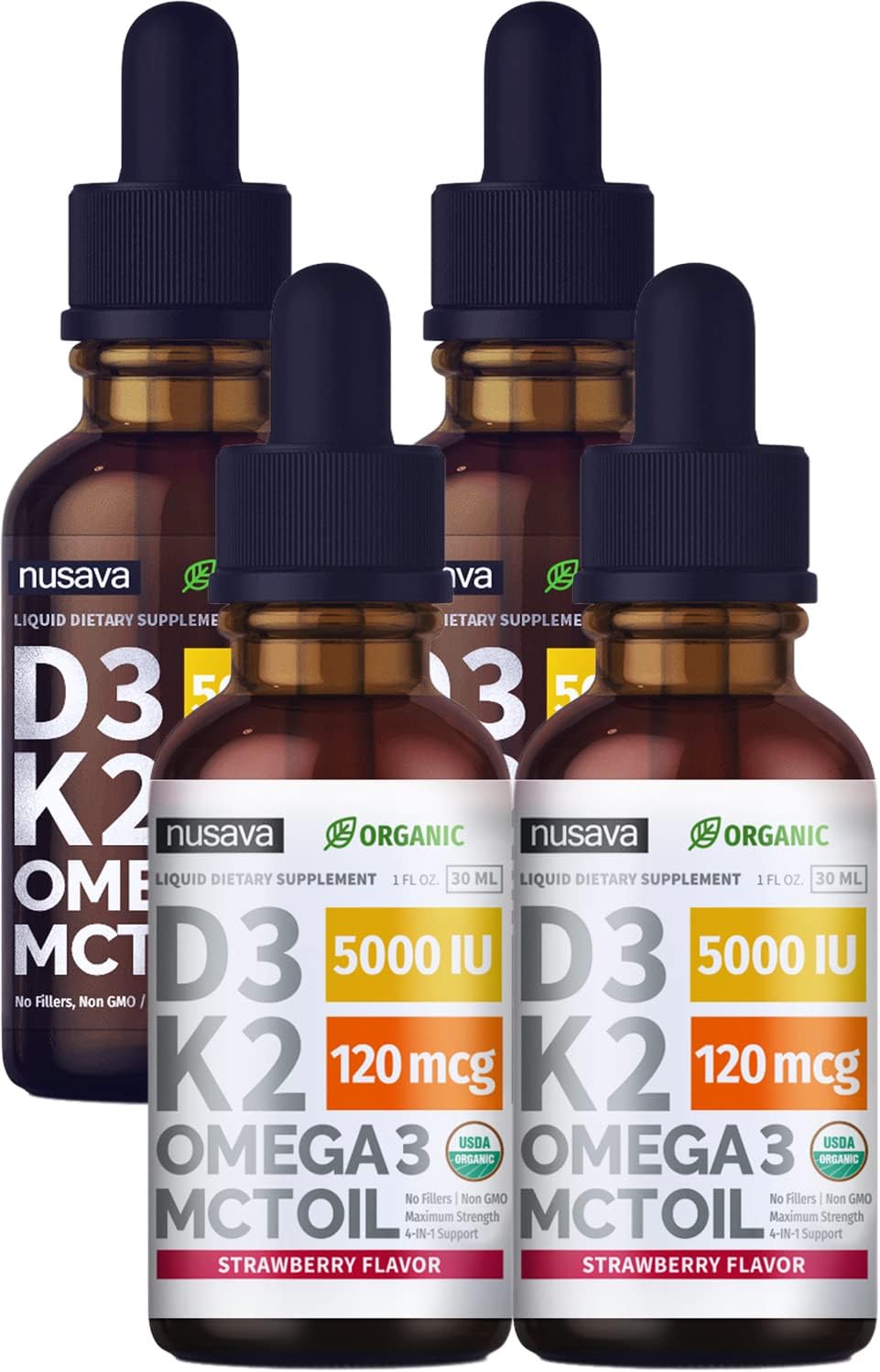 Bundle: NUSAVA Vitamin D3 K2 Drops (4 Pack) Unflavored & Strawberry Flavor - Maximum Strength Liquid 5000 IU with MCT Oil Omega 3 - Non-GMO for Immune Support, 2 Fl Oz Ea