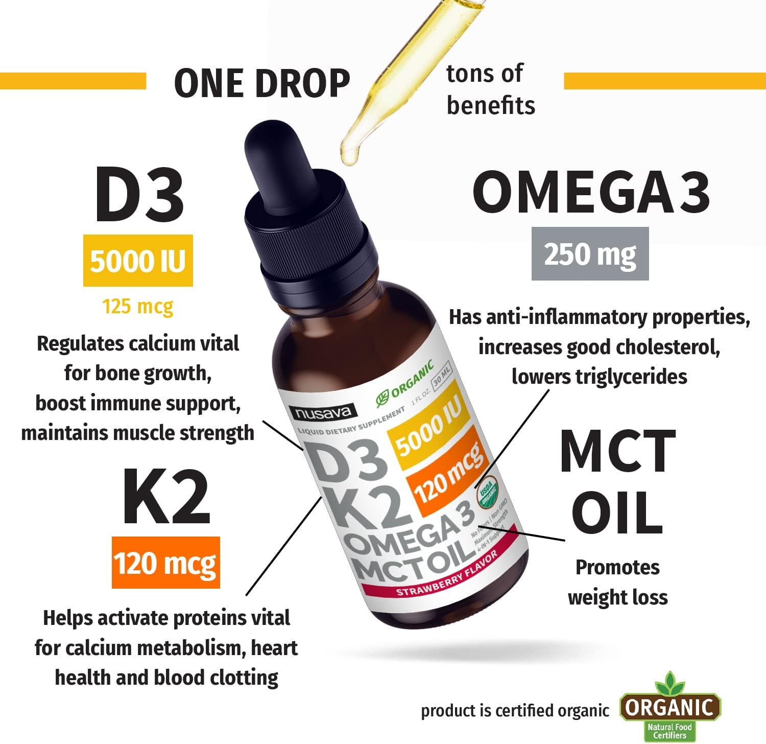 Bundle: NUSAVA Vitamin D3 K2 Drops (4 Pack) Unflavored & Strawberry Flavor - Maximum Strength Liquid 5000 IU with MCT Oil Omega 3 - Non-GMO for Immune Support, 2 Fl Oz Ea