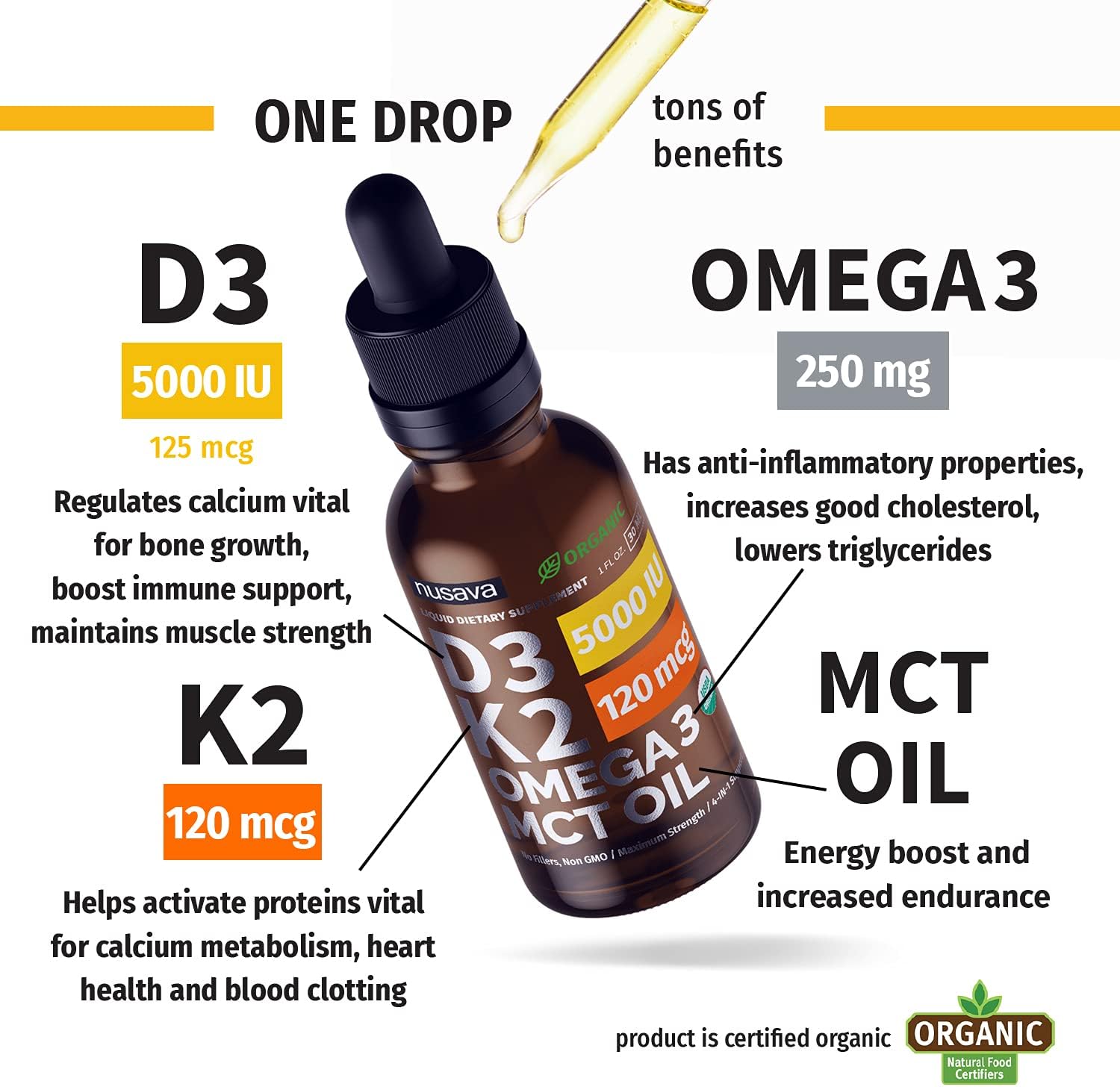 Bundle: NUSAVA Vitamin D3 K2 Drops (4 Pack) Unflavored & Strawberry Flavor - Maximum Strength Liquid 5000 IU with MCT Oil Omega 3 - Non-GMO for Immune Support, 2 Fl Oz Ea