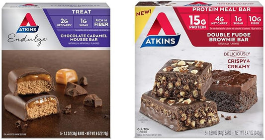 Bundle of 10 Atkins Chocolate Caramel Mousse and Double Fudge Brownie Protein Bars