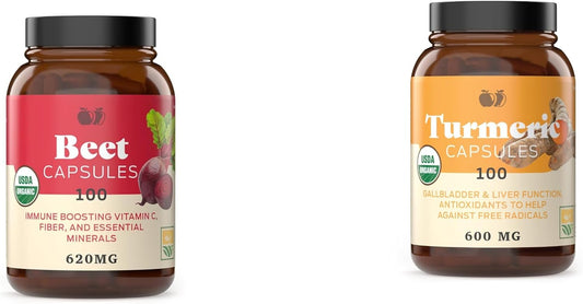 Bundle of 100 Capsules of Complete Natural Products Beet Root and Turmeric