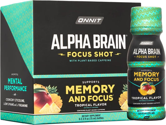 Bundle of 12 Onnit Alpha Brain Focus Shots - Peach & Tropical Flavors for Improved Cognitive Function and Mental Clarity
