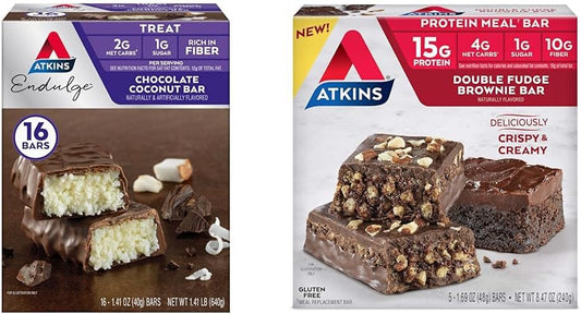 Bundle of 16 Atkins Chocolate Coconut Bars and 5 Double Fudge Brownie Protein Meal Bars