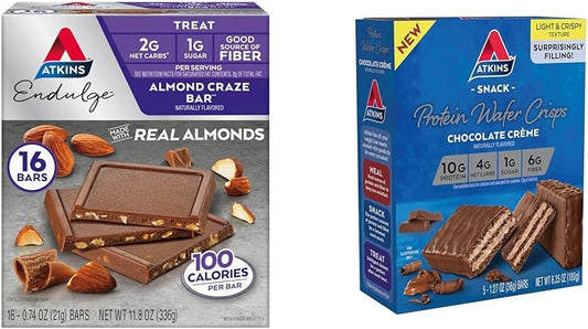 Bundle of 16 Atkins Endulge Almond Craze Bars and 5 Chocolate Crème Protein Wafer Crisps