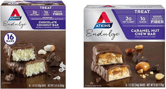Bundle of 16 Atkins Endulge Chocolate Coconut Bars and 5 Caramel Nut Chew Bars