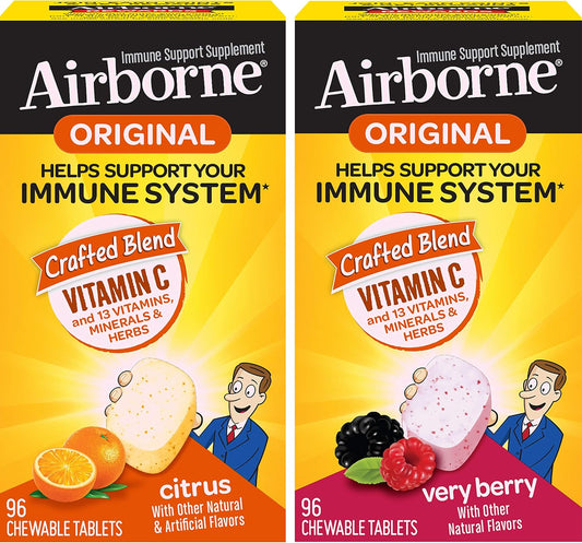 Bundle of 192 Airborne 1000mg Vitamin C Chewable Tablets in Citrus & Very Berry Flavor - Immune Support with Zinc and Antioxidant Vitamins A, C, & E