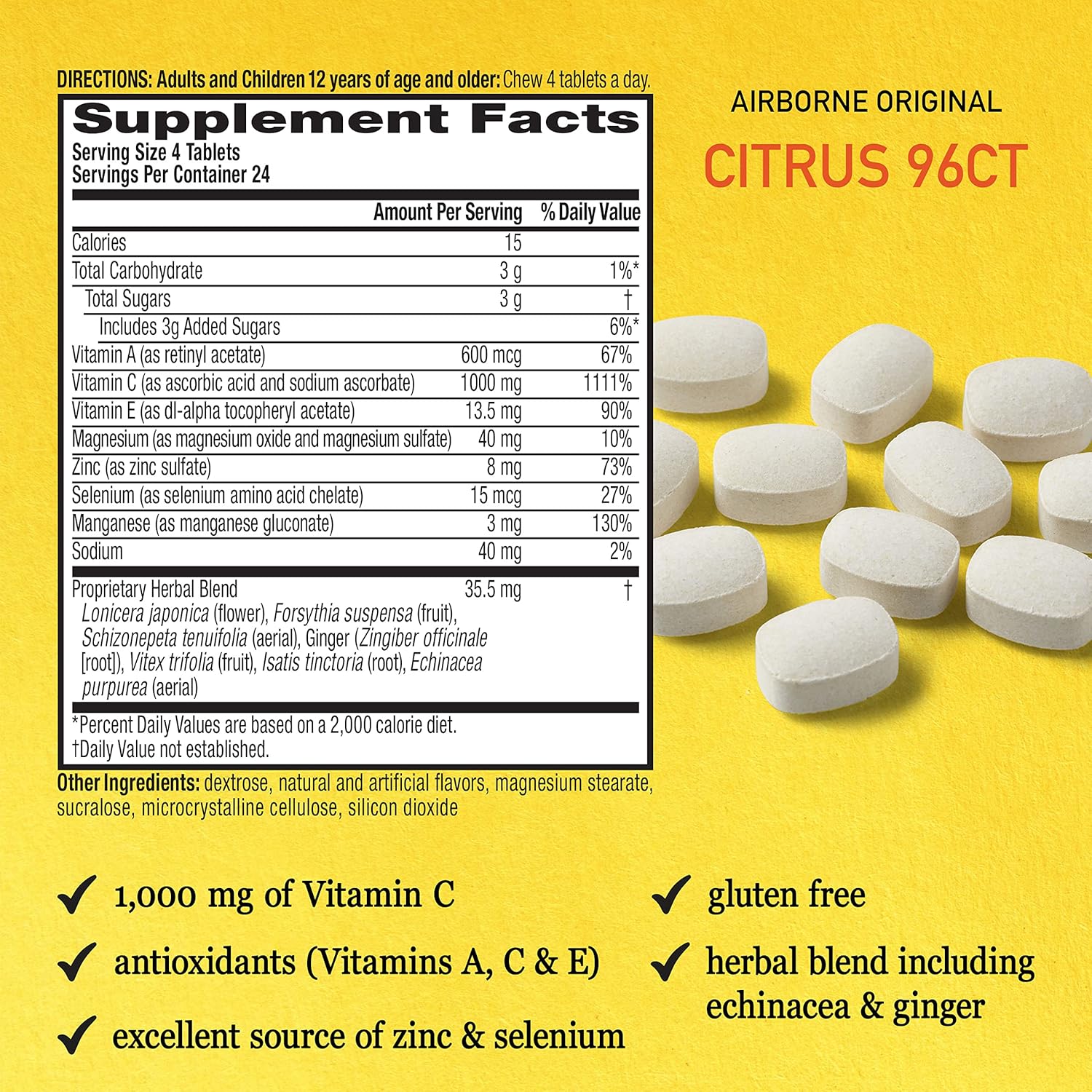 Bundle of 192 Airborne 1000mg Vitamin C Chewable Tablets in Citrus & Very Berry Flavor - Immune Support with Zinc and Antioxidant Vitamins A, C, & E