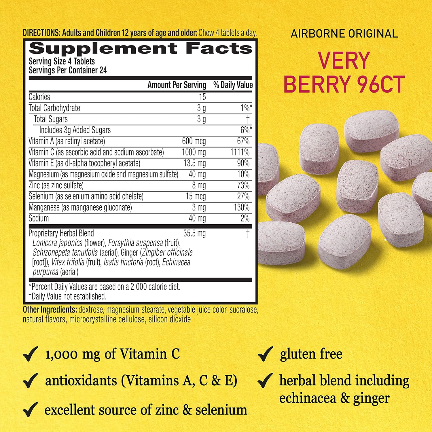 Bundle of 192 Airborne 1000mg Vitamin C Chewable Tablets in Citrus & Very Berry Flavor - Immune Support with Zinc and Antioxidant Vitamins A, C, & E