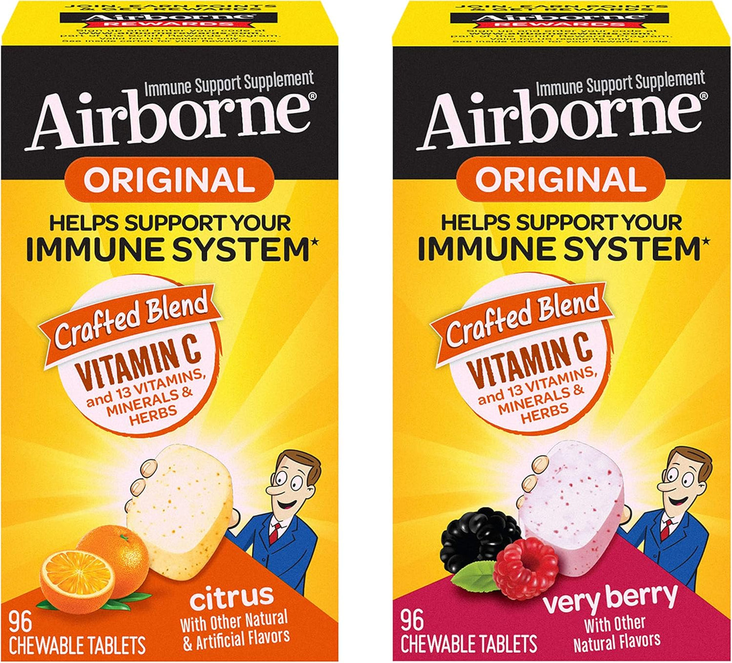 Bundle of 192 Airborne 1000mg Vitamin C Chewable Tablets in Citrus & Very Berry Flavor - Immune Support with Zinc and Antioxidant Vitamins A, C, & E