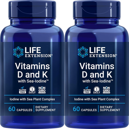 Bundle of 2 Life Extension Vitamin D and K Capsules with Sea-Iodine - 60 Capsules Each