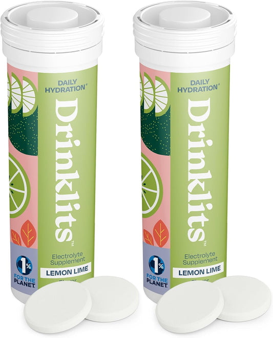 Bundle of 2 Tubes Drinklits Lemon-Lime Daily Hydration Tablets - Electrolyte Drink with Zero Sugar - 20 Servings, 10 Tablets Per Tube