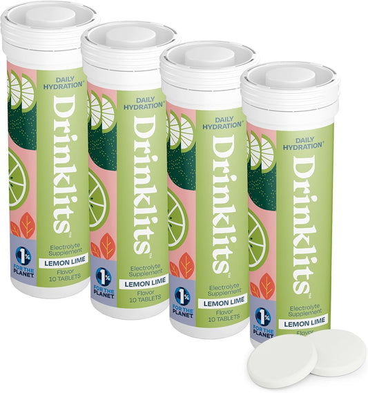 Bundle of 4 Drinklits Lemon-Lime Electrolyte Hydration Tablets Tubes | Natural Sports Drink with Zero Sugar - 10 Tablets per Tube - 40 Servings Total