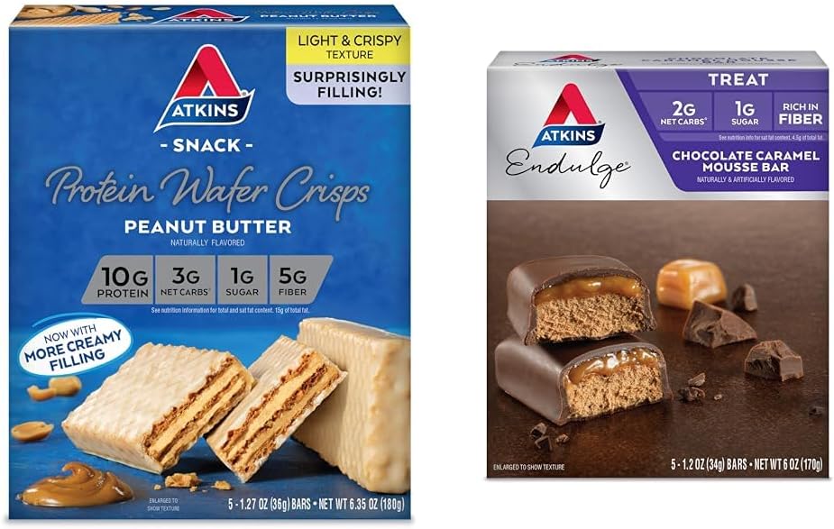 Bundle of 5 Atkins Peanut Butter Protein Wafer Crisps and 5 Chocolate Caramel Mousse Bars