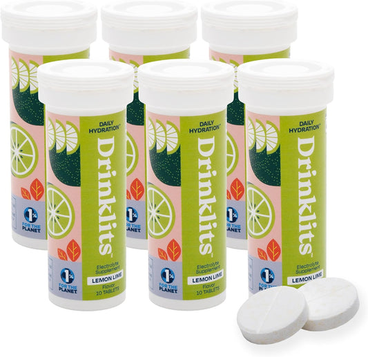 Bundle of 6 Tubes Drinklits Lemon Lime Electrolyte Fizzy Hydration Tablets | Sugar-Free Natural Sports Drink with Essential Electrolytes | 60 Servings