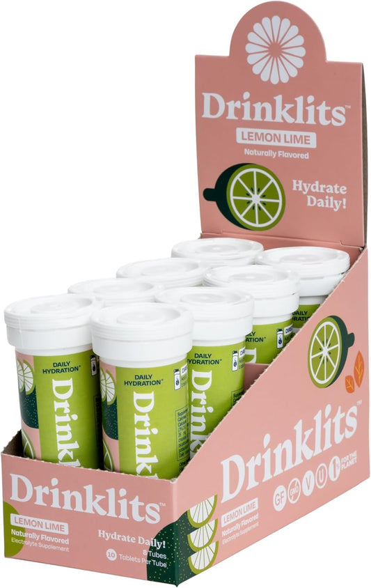 Bundle of 8 Tubes Drinklits Lemon-Lime Electrolyte Sports Drink Fizzy Hydration Tablets | Natural Flavors - 0g Sugar - 80 Servings