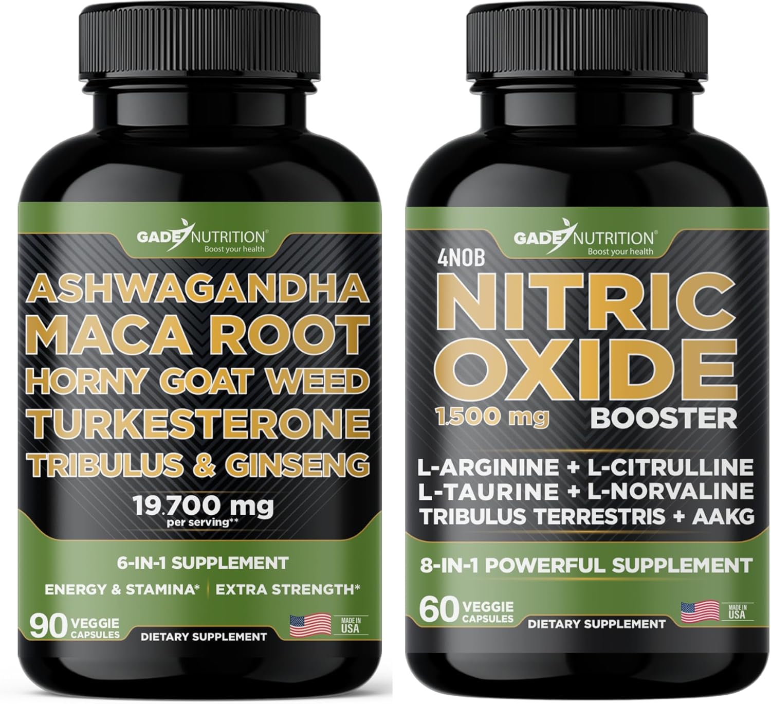 Bundle of Gade Nutrition Ashwagandha with Maca Root, Horny Goat Weed, Turkesterone, Tribulus Terrestris, Oanax Ginseng + Nitric Oxide Booster for Energy, Vitality, Performance, and Pump Support