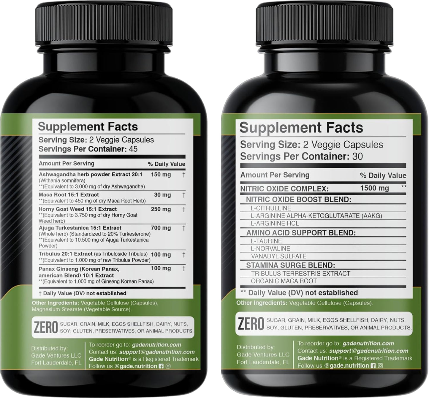 Bundle of Gade Nutrition Ashwagandha with Maca Root, Horny Goat Weed, Turkesterone, Tribulus Terrestris, Oanax Ginseng + Nitric Oxide Booster for Energy, Vitality, Performance, and Pump Support