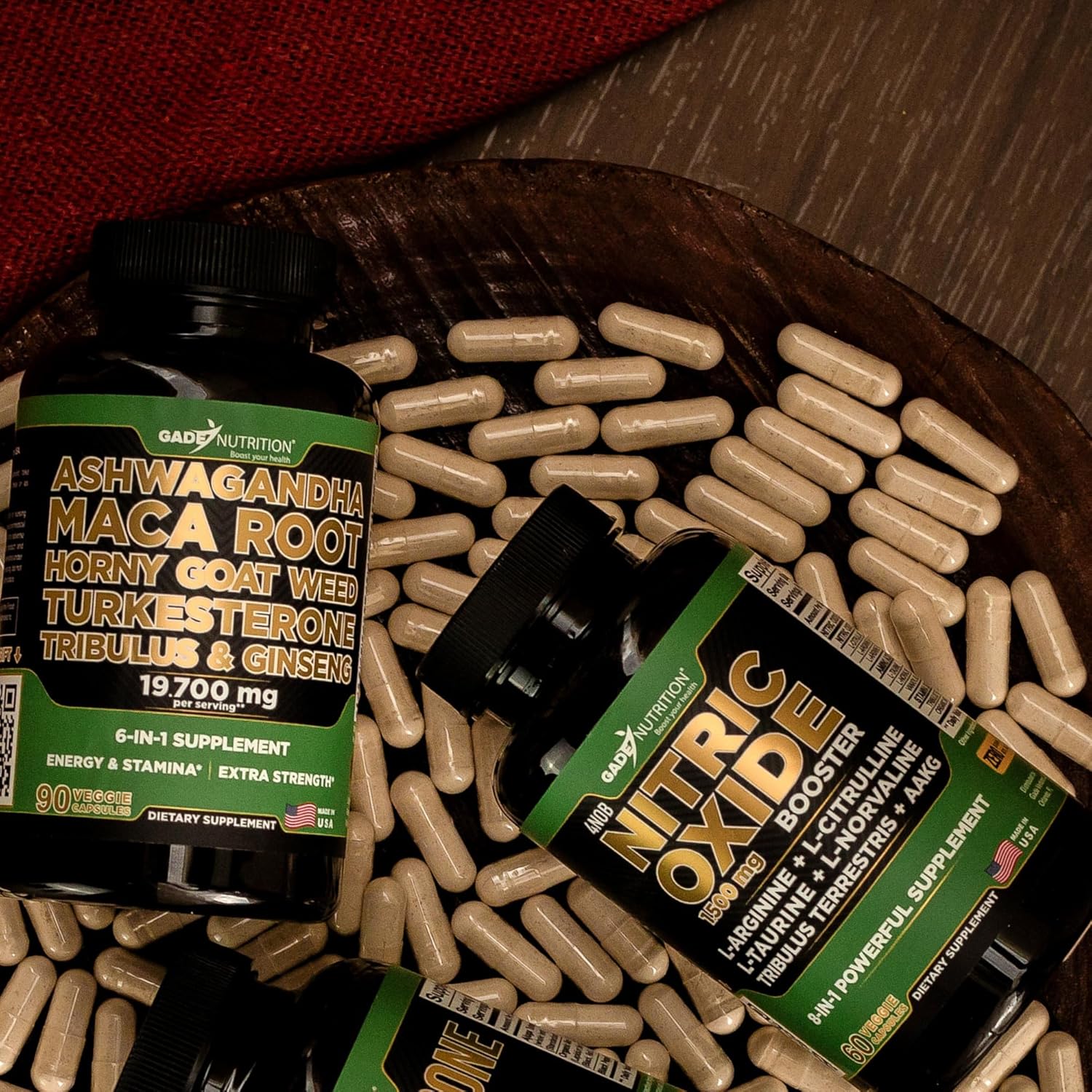 Bundle of Gade Nutrition Ashwagandha with Maca Root, Horny Goat Weed, Turkesterone, Tribulus Terrestris, Oanax Ginseng + Nitric Oxide Booster for Energy, Vitality, Performance, and Pump Support