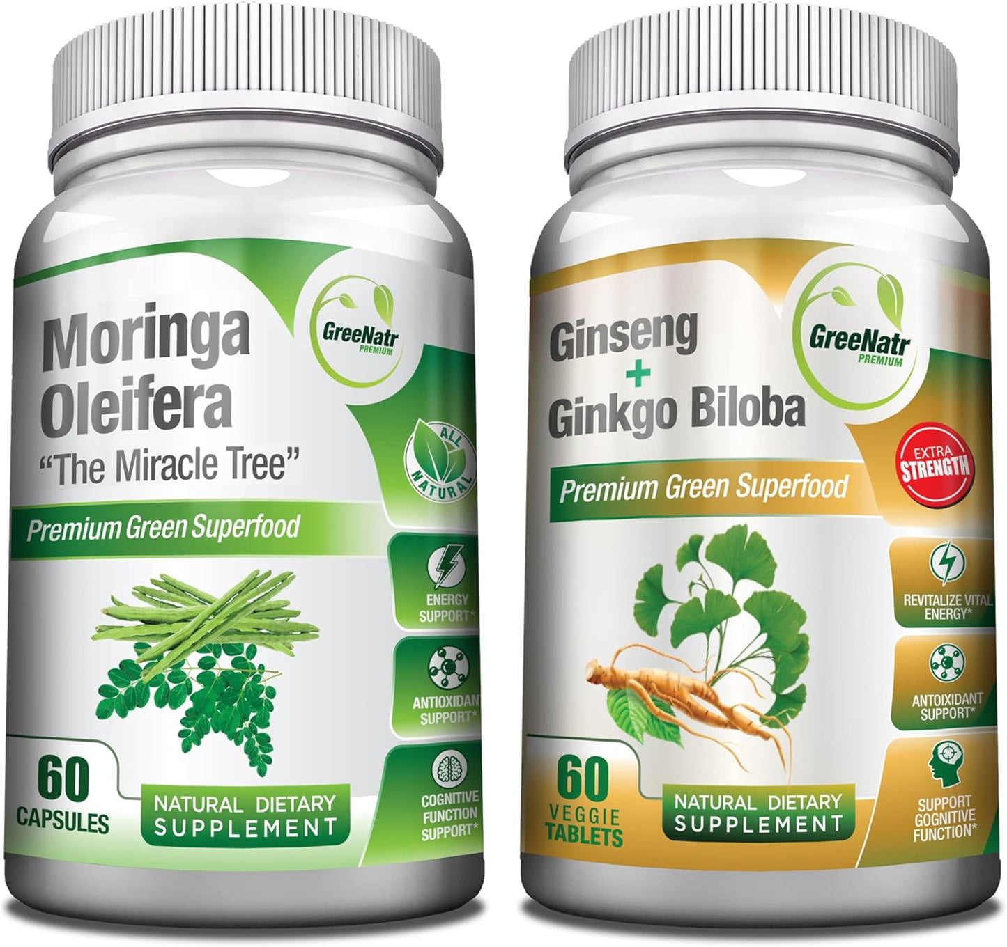 Bundle of GreeNatr Ginkgo Biloba, Panax Ginseng, and Moringa Capsules - Immune Support, Energy Boost, Concentration, and Memory Support Supplements
