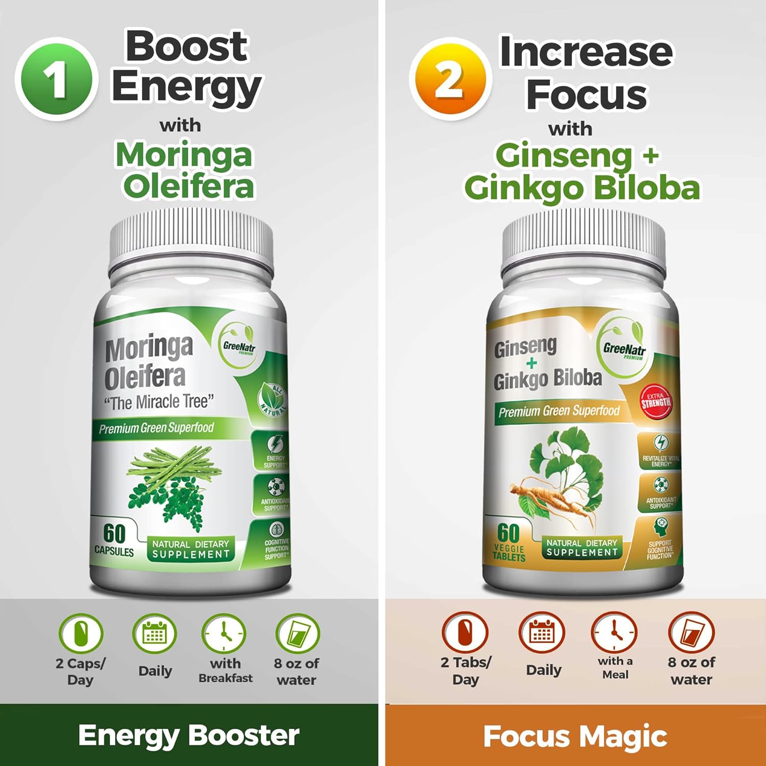 Bundle of GreeNatr Ginkgo Biloba, Panax Ginseng, and Moringa Capsules - Immune Support, Energy Boost, Concentration, and Memory Support Supplements