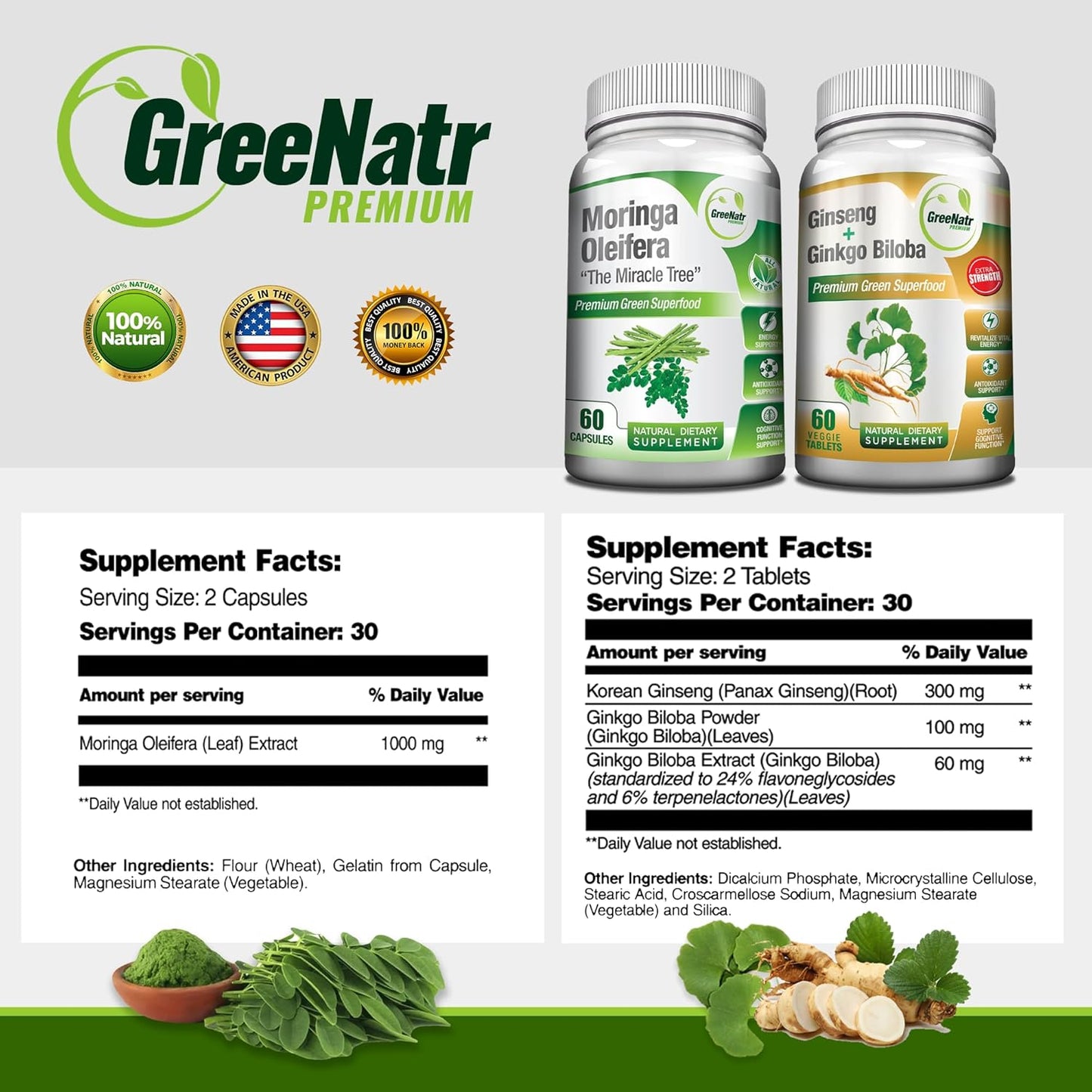 Bundle of GreeNatr Ginkgo Biloba, Panax Ginseng, and Moringa Capsules - Immune Support, Energy Boost, Concentration, and Memory Support Supplements