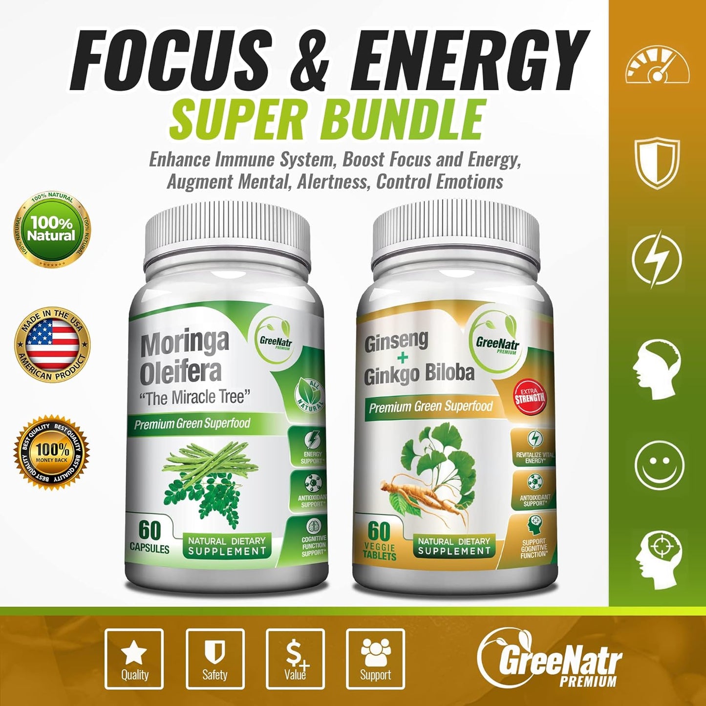 Bundle of GreeNatr Ginkgo Biloba, Panax Ginseng, and Moringa Capsules - Immune Support, Energy Boost, Concentration, and Memory Support Supplements