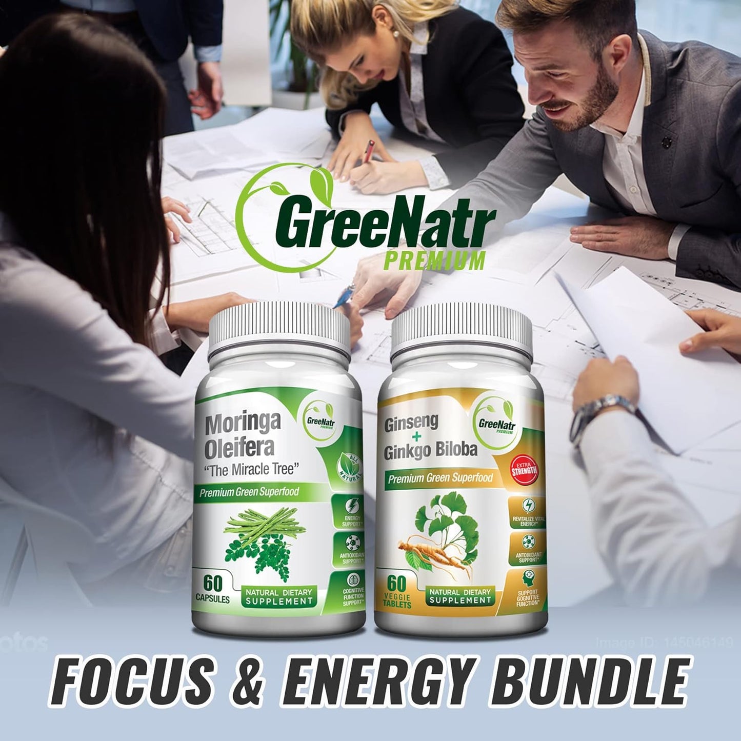 Bundle of GreeNatr Ginkgo Biloba, Panax Ginseng, and Moringa Capsules - Immune Support, Energy Boost, Concentration, and Memory Support Supplements