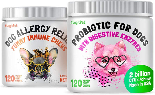 Bundle of LEGITPET Allergy Relief Chews & Immune Support with Probiotics and Enzymes for Dogs - 120 Soft Chews, Made in USA