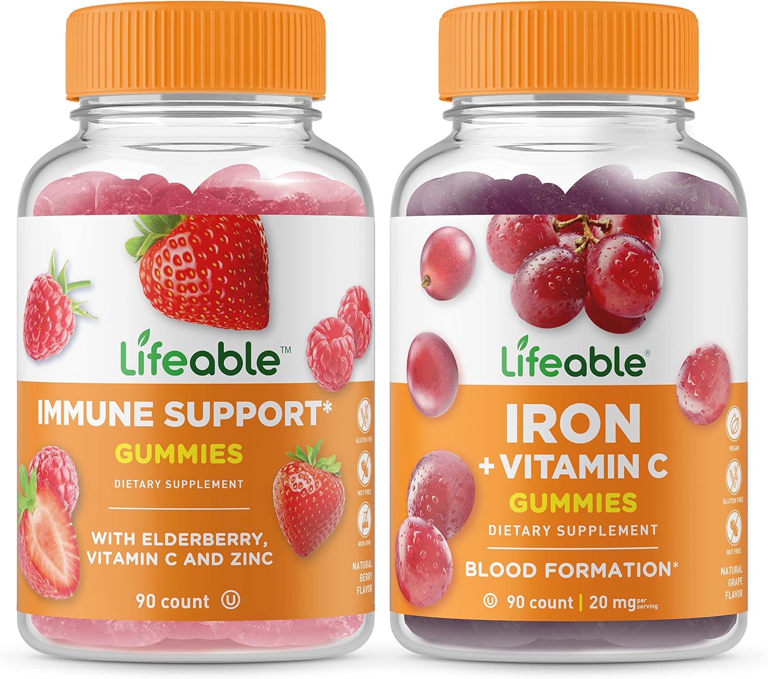 Bundle of Lifeable Immune Support + Iron Gummies with Vitamin C - Delicious Vitamin Supplement for Immune Health, Gluten Free & GMO Free