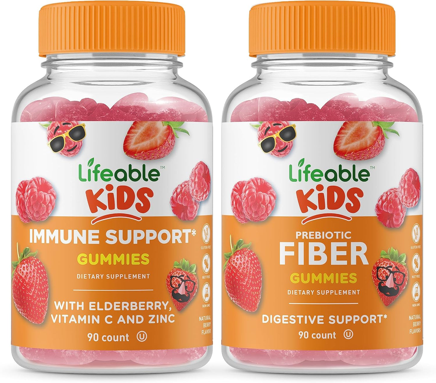 Bundle of Lifeable Immune Support Kids + Prebiotic Fiber Kids Gummies - Vitamin Supplement for Children, Gluten & GMO Free