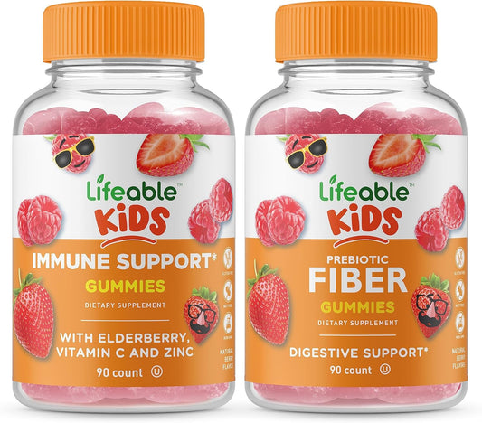 Bundle of Lifeable Immune Support Kids + Prebiotic Fiber Kids Gummies - Vitamin Supplement for Children, Gluten & GMO Free