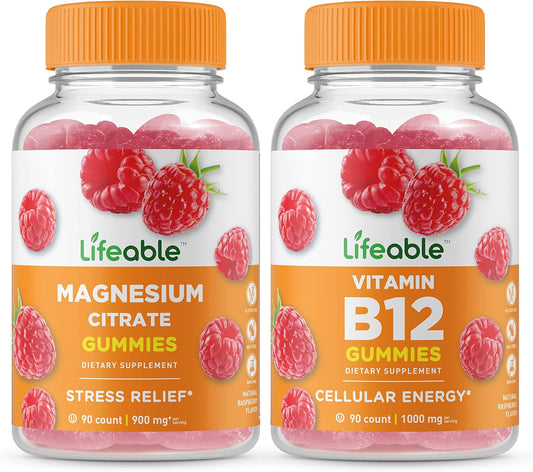Bundle of Lifeable Magnesium and Vitamin B12 Gummies - Delicious Chewable Supplements, Gluten-Free and GMO-Free