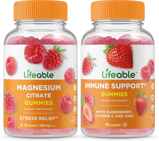 Bundle of Lifeable Magnesium + Immune Support Gummies - Delicious Vitamin Supplement, Gluten-Free, GMO-Free Chewables