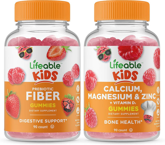Bundle of Lifeable Prebiotic Fiber Kids Gummies with Calcium, Magnesium, and Zinc - Tasty Vitamin Supplement for Kids, Gluten & GMO Free