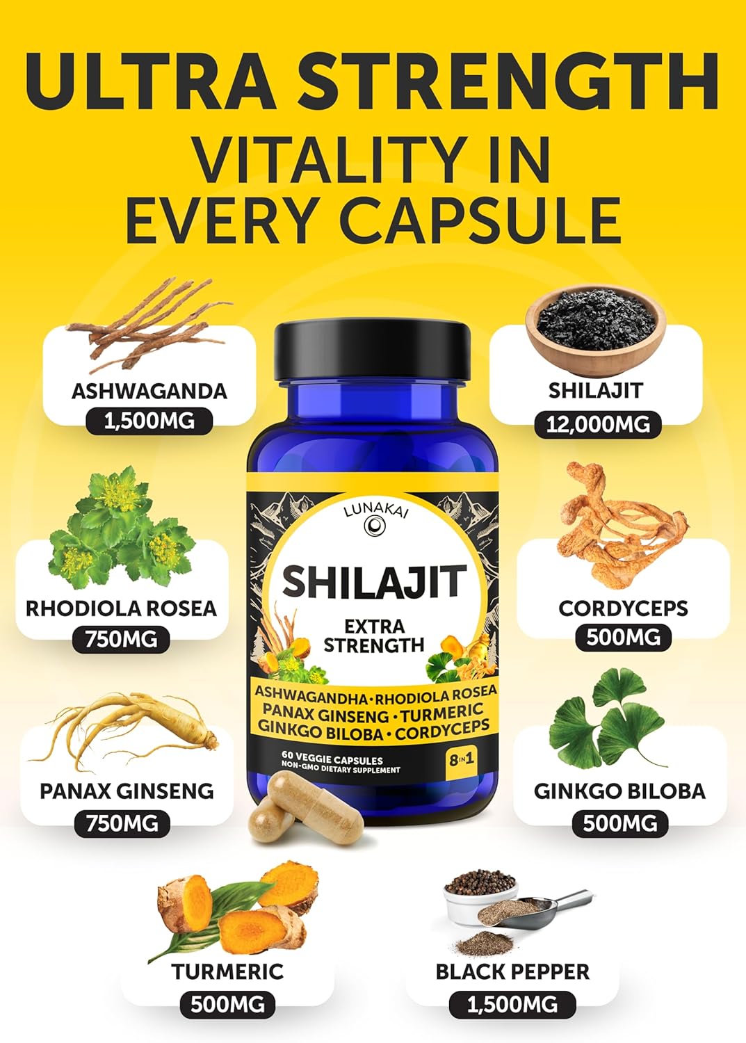 Bundle of Lunakai USA Made Extra Strength B12 Gummies & Shilajit Capsules for Daily Energy & Wellness Support