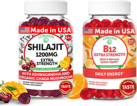 Bundle of Lunakai USA Made Shilajit & B12 Extra Strength Gummies for Energy, Focus, Daily Wellness - Vegan & Delicious