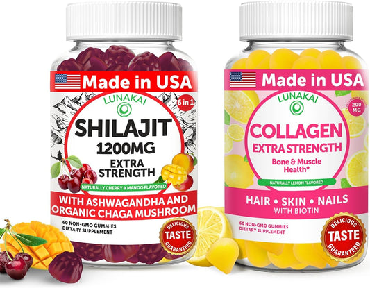Bundle of Lunakai USA Made Shilajit & Collagen Extra Strength Gummies for Energy, Hair, Skin, and Nail Support - Non-GMO & Delicious