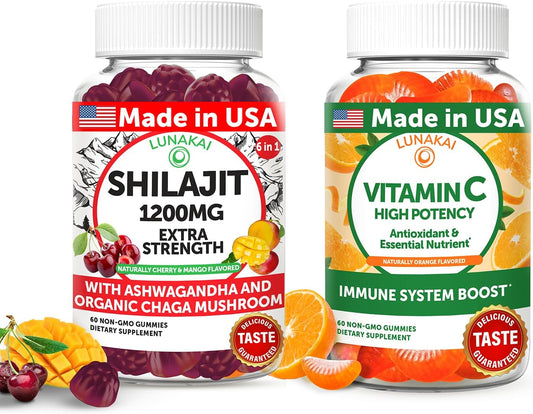 Bundle of Lunakai USA Made Shilajit & Vitamin C Gummies for Energy & Immune Support - High Potency & Non-GMO - Delicious Flavor