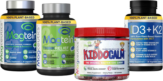 Bundle of Magceutics MagteinPRO Magnesium L-Threonate, KIDDOCALM Gummies, and Vitamin D3 K2 Capsules