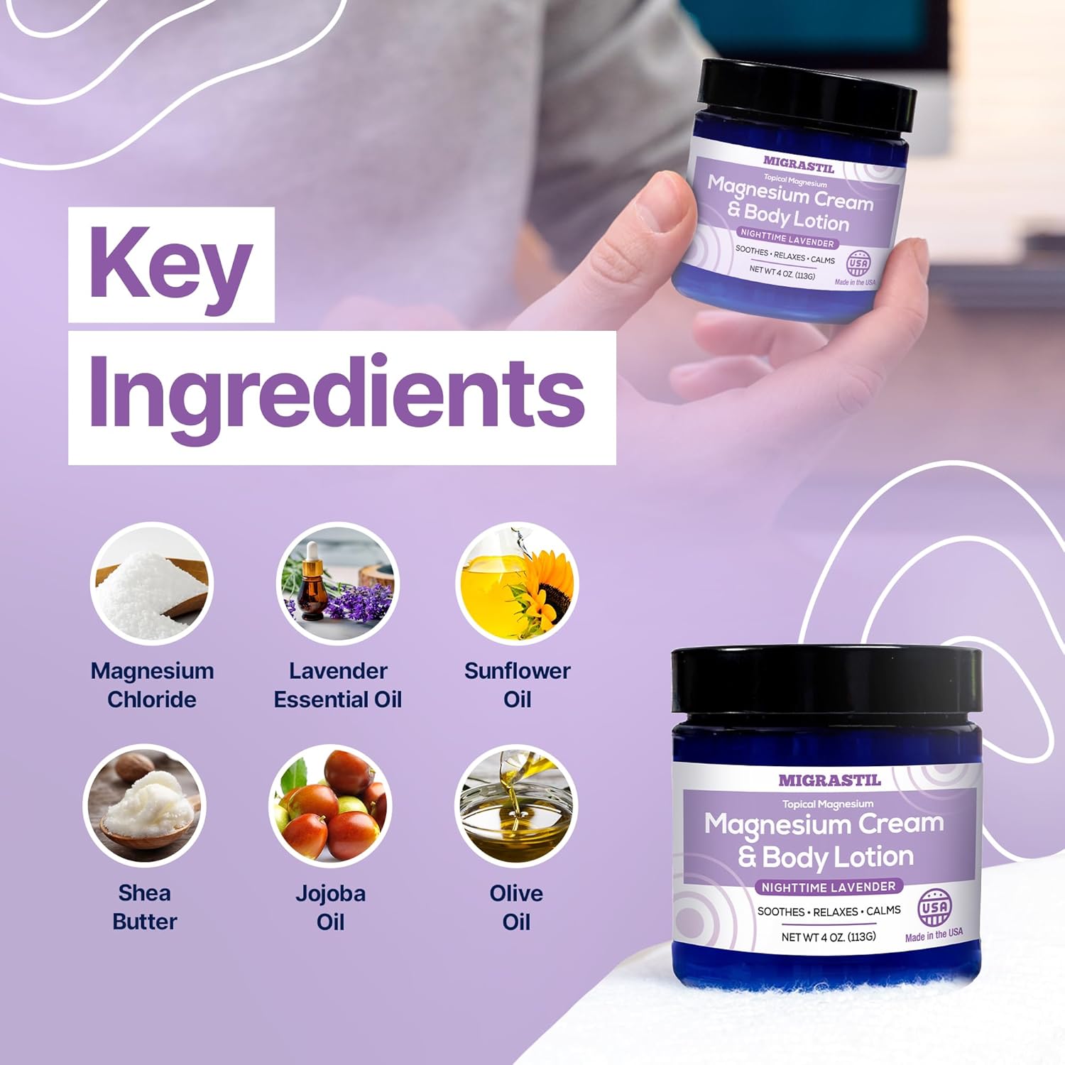 Bundle of MIGRASTIL Topical Magnesium Cream and Lavender Cream for Pain Relief