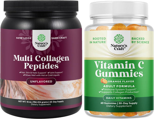 Bundle of Multi Collagen Protein Powder & Vitamin C Gummies - Hair, Skin, Nails, Immune Support, Cold Remedy for Adults