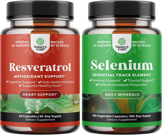 Bundle of Natural Anti Aging Trans Resveratrol & Pure Selenium Thyroid Support - Joint & Immune Booster for Adults