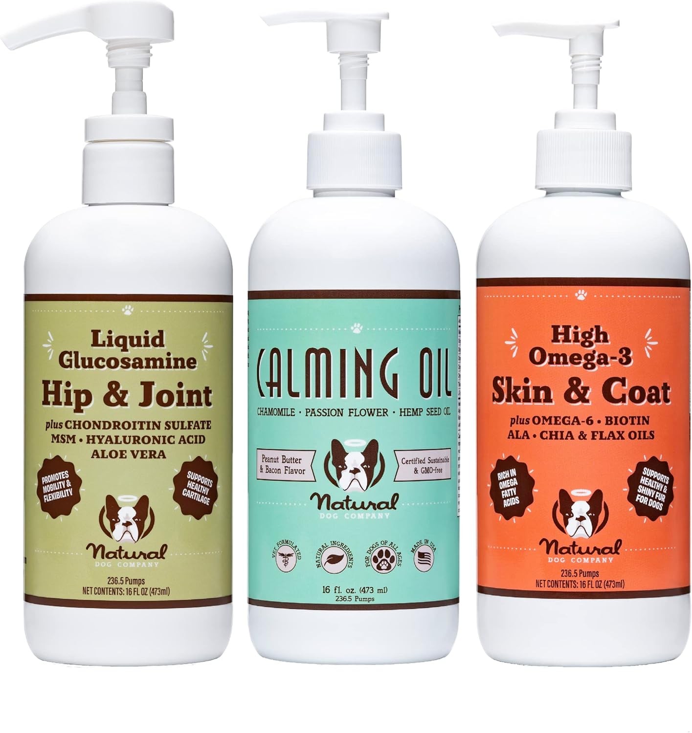 Bundle of Natural Dog Company Wellness Products: Food Toppers, Liquid Supplements, Skin & Coat Oil, Liquid Glucosamine, Calming Oil